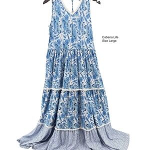 Cabana Life Blue White Paisley Tiered Maxi Dress V Neck Tassel Size Large